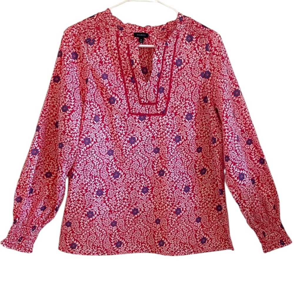 Talbots Women’s Red/White/Blue Floral V-Neck Smock Detail Peasant Top M NWOT